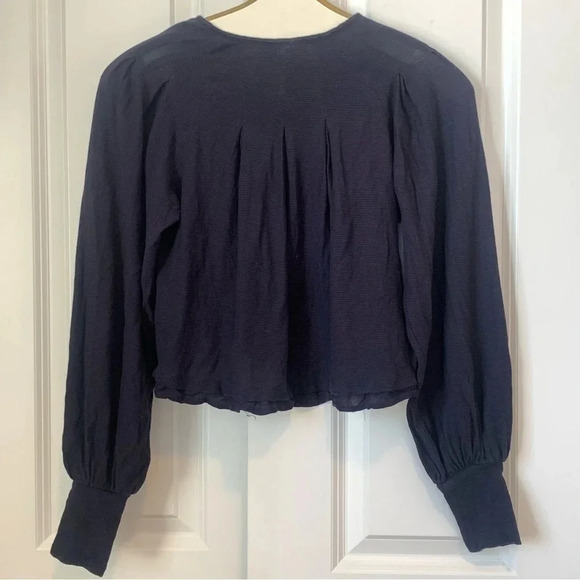 Free People Billie Crop Top Cotton Modal Long Sleeve Puff Cuff Navy Blue XS - Picture 3 of 10